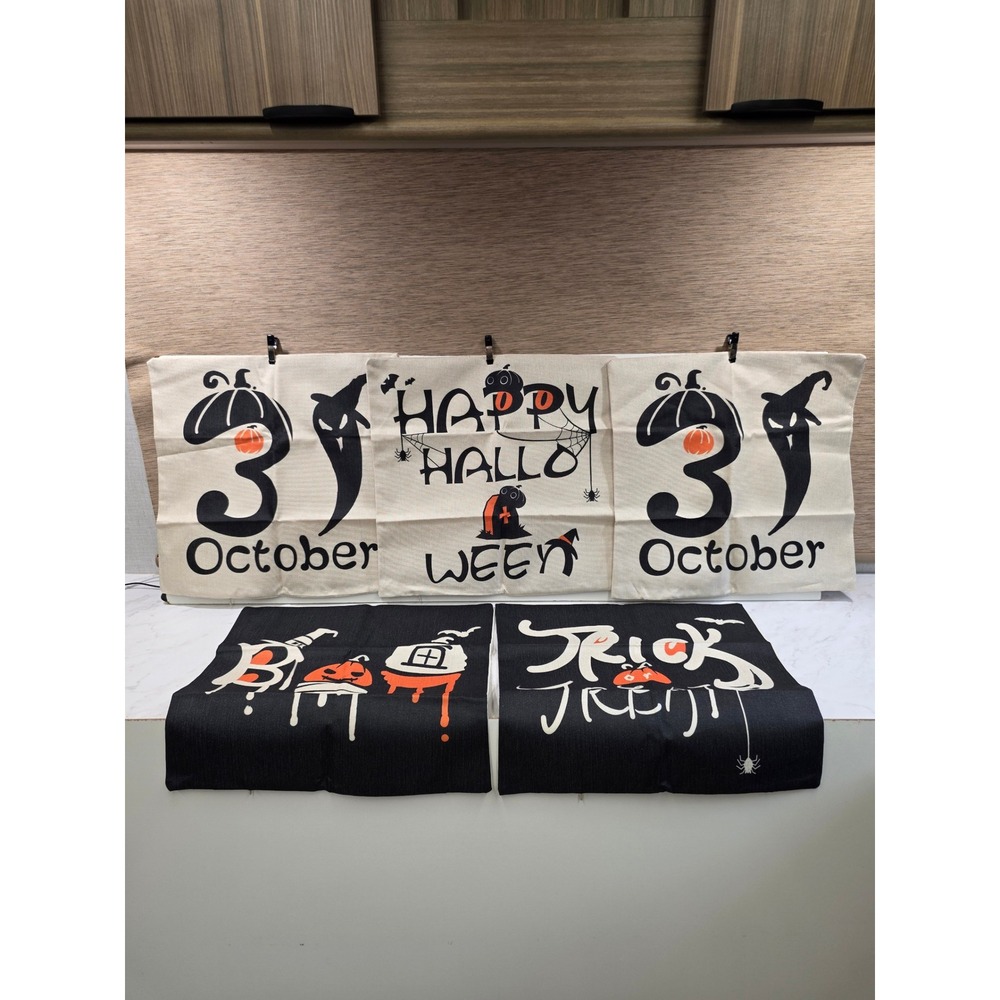 Set of 5 Spooky Festive Halloween Throw Pillow Covers Graphic Print Black Cream